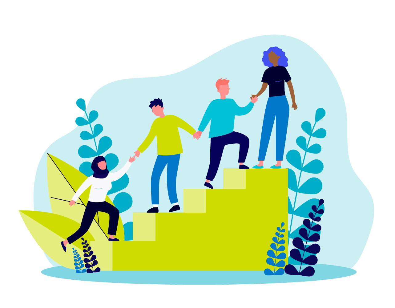 Illustration of four people walking up stairs giving the person behind them a helping hand