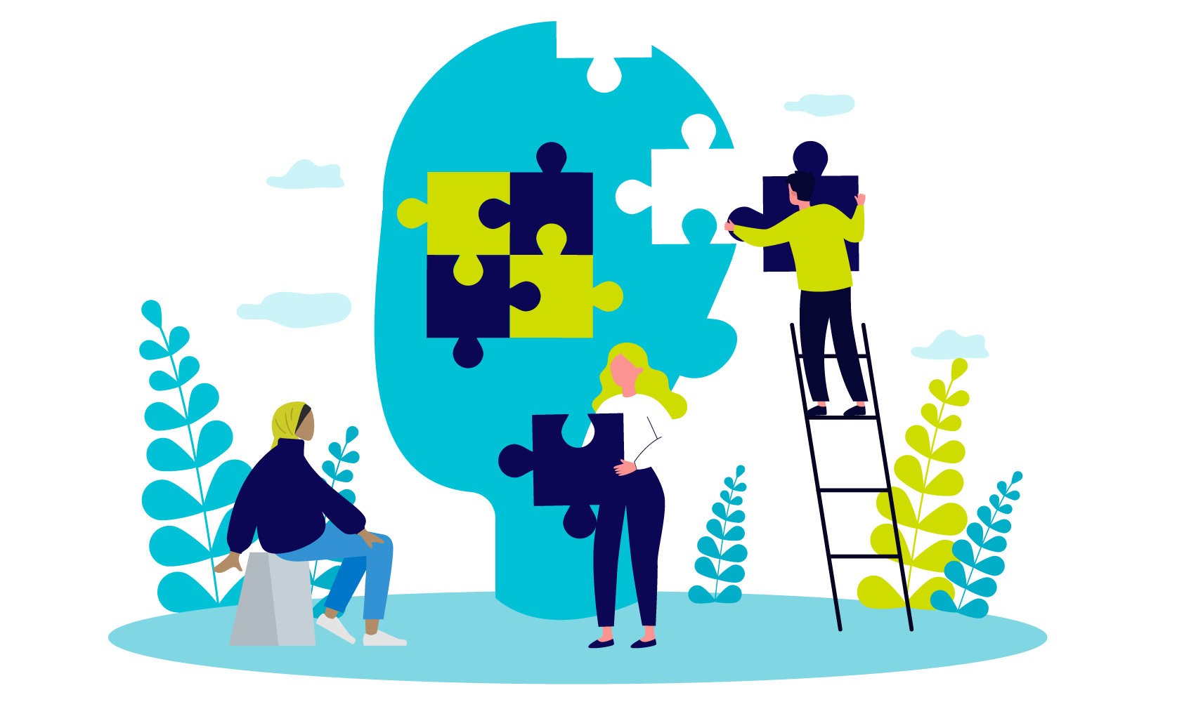 illustration of people putting together puzzle of head silhouette