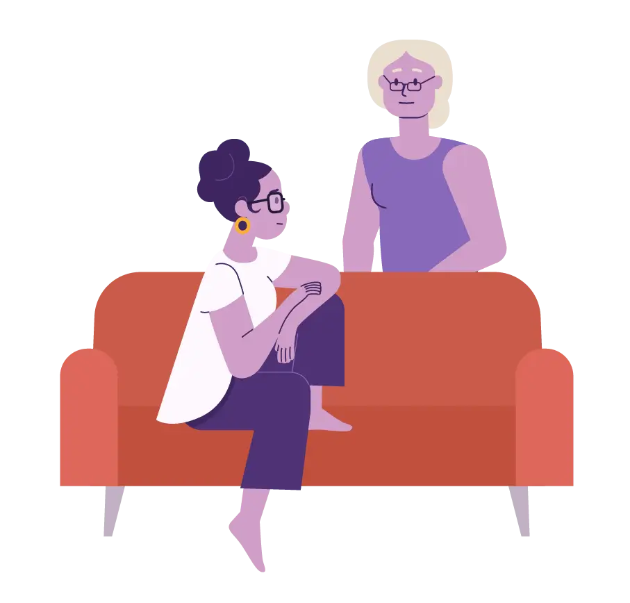 Person talking to woman sitting on couch